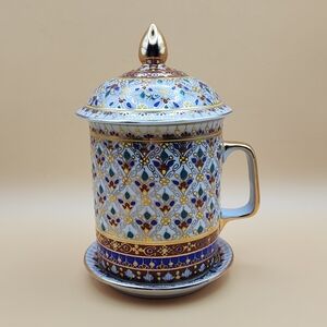 Traditional Thai Benjarong Porcelain Multicolored Gold Tone Accent 3 Piece Set